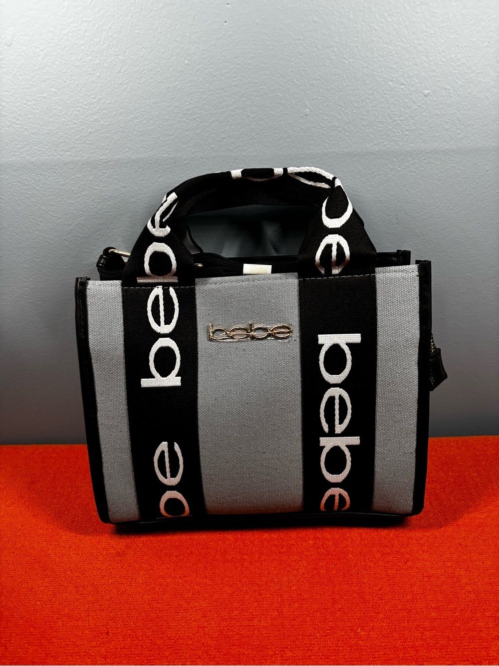 bebe Hana Black and Gray Vertical Logo Tote
